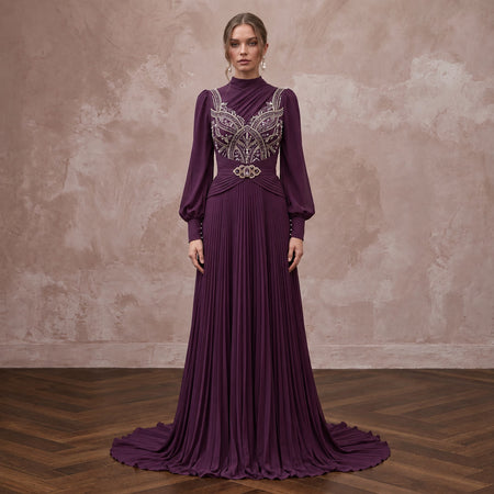 Modest Plum Purple Long Sleeve Chiffon Maxi Dress for Formal Dinner