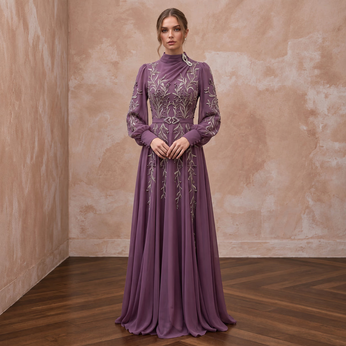 Modest Plum Purple Long Sleeve Chiffon Maxi Dress for Formal Dinner - Apparel & Accessories > Clothing > Wedding & Bridal Party Dresses > Wedding Dresses - Mignonette Bridal