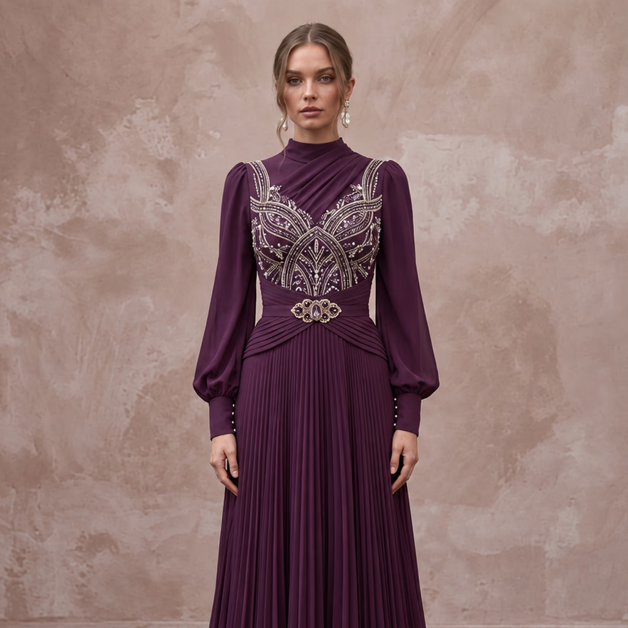 Modest Plum Purple Long Sleeve Chiffon Maxi Dress for Formal Dinner