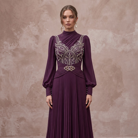 Modest Plum Purple Long Sleeve Chiffon Maxi Dress for Formal Dinner