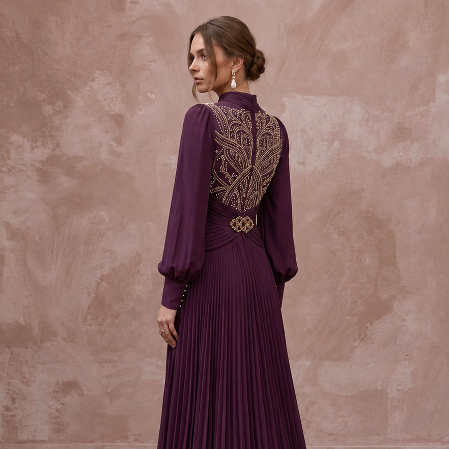 Modest Plum Purple Long Sleeve Chiffon Maxi Dress for Formal Dinner