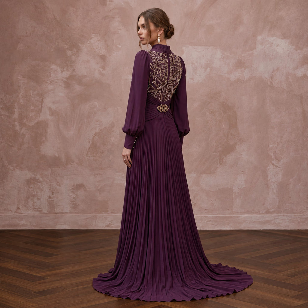 Modest Plum Purple Long Sleeve Chiffon Maxi Dress for Formal Dinner