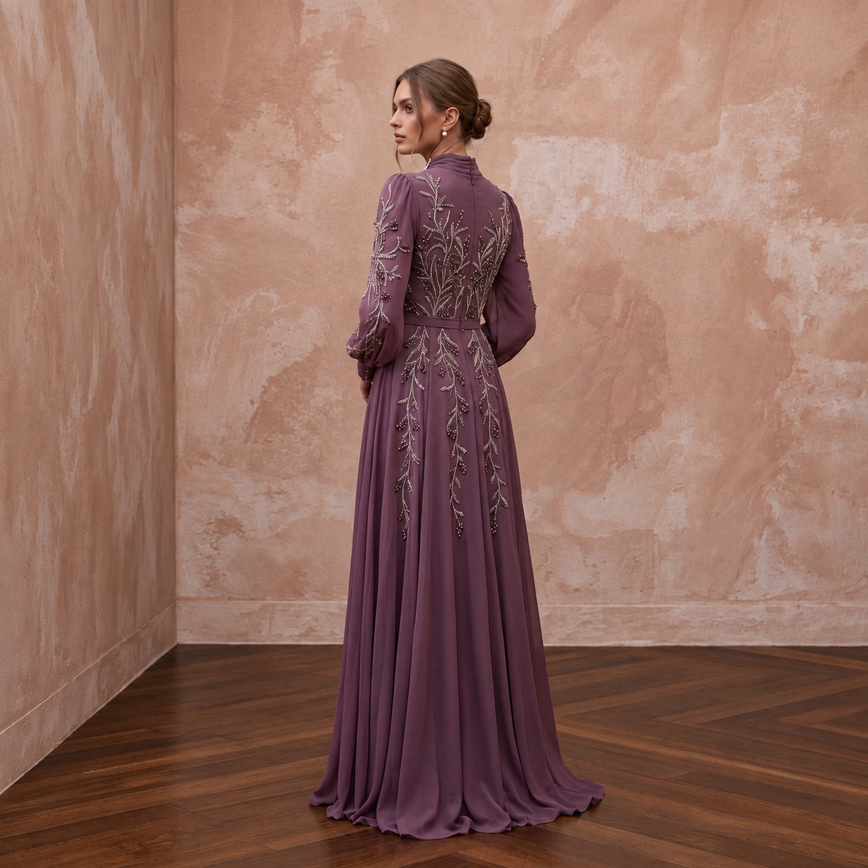 Modest Plum Purple Long Sleeve Chiffon Maxi Dress for Formal Dinner Secondary image