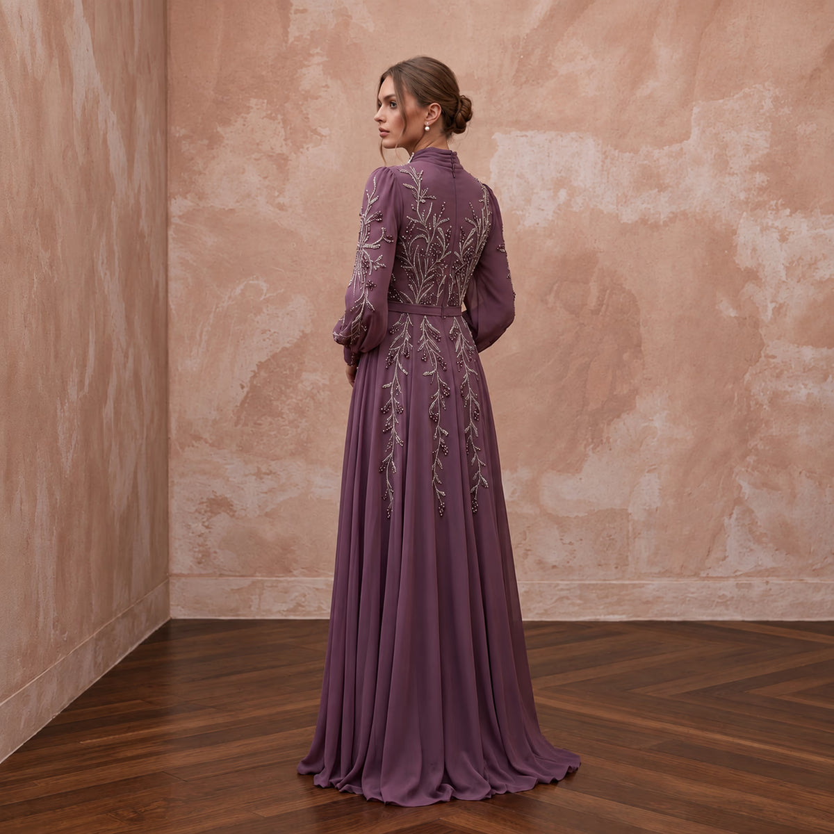 Modest Plum Purple Long Sleeve Chiffon Maxi Dress for Formal Dinner - Apparel & Accessories > Clothing > Wedding & Bridal Party Dresses > Wedding Dresses - Mignonette Bridal