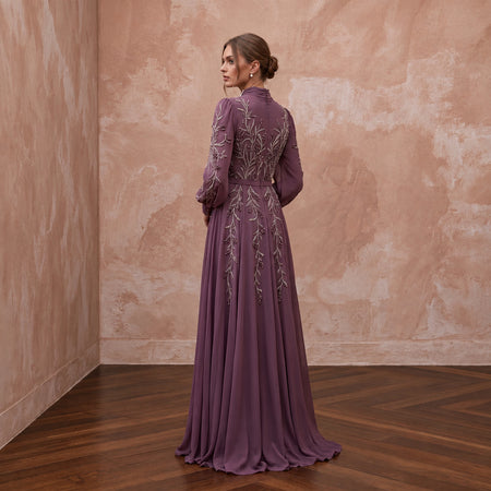 Modest Plum Purple Long Sleeve Chiffon Maxi Dress for Formal Dinner - Apparel & Accessories > Clothing > Wedding & Bridal Party Dresses > Wedding Dresses - Mignonette Bridal