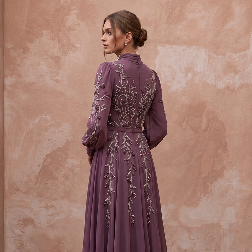 Modest Plum Purple Long Sleeve Chiffon Maxi Dress for Formal Dinner - Apparel & Accessories > Clothing > Wedding & Bridal Party Dresses > Wedding Dresses - Mignonette Bridal