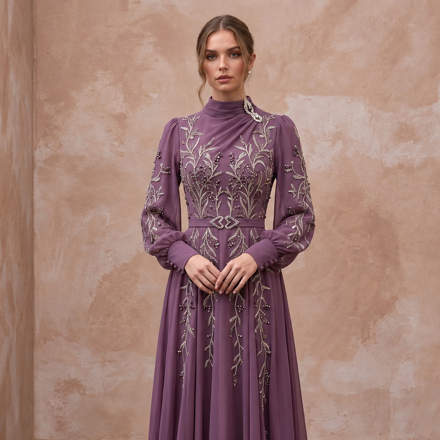 Modest Plum Purple Long Sleeve Chiffon Maxi Dress for Formal Dinner - Apparel & Accessories > Clothing > Wedding & Bridal Party Dresses > Wedding Dresses - Mignonette Bridal