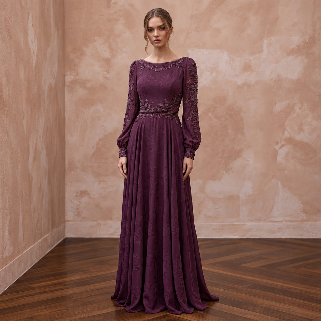 Modest Plum Purple Long Sleeve Chiffon Maxi Dress for Mother of the Bride - Apparel & Accessories > Clothing > Wedding & Bridal Party Dresses > Wedding Dresses - Mignonette Bridal