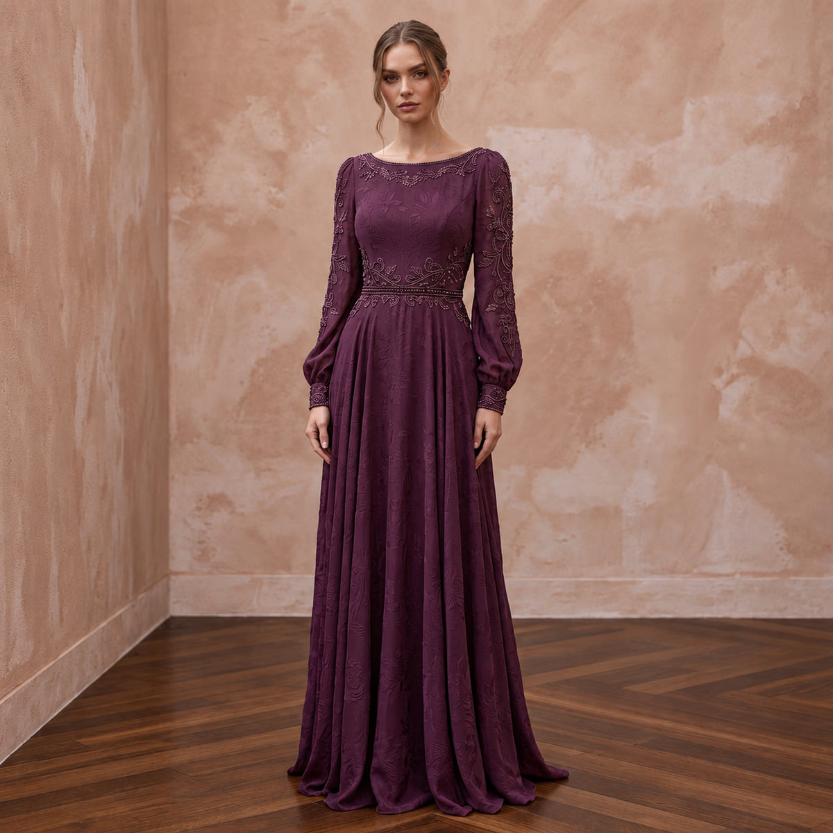 Modest Plum Purple Long Sleeve Chiffon Maxi Dress for Mother of the Bride - Apparel & Accessories > Clothing > Wedding & Bridal Party Dresses > Wedding Dresses - Mignonette Bridal