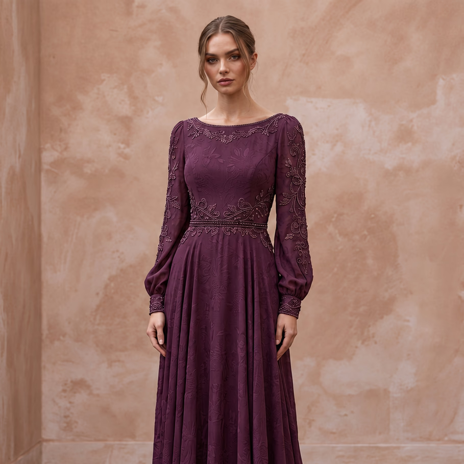 Modest Plum Purple Long Sleeve Chiffon Maxi Dress for Mother of the Bride - Apparel & Accessories > Clothing > Wedding & Bridal Party Dresses > Wedding Dresses - Mignonette Bridal