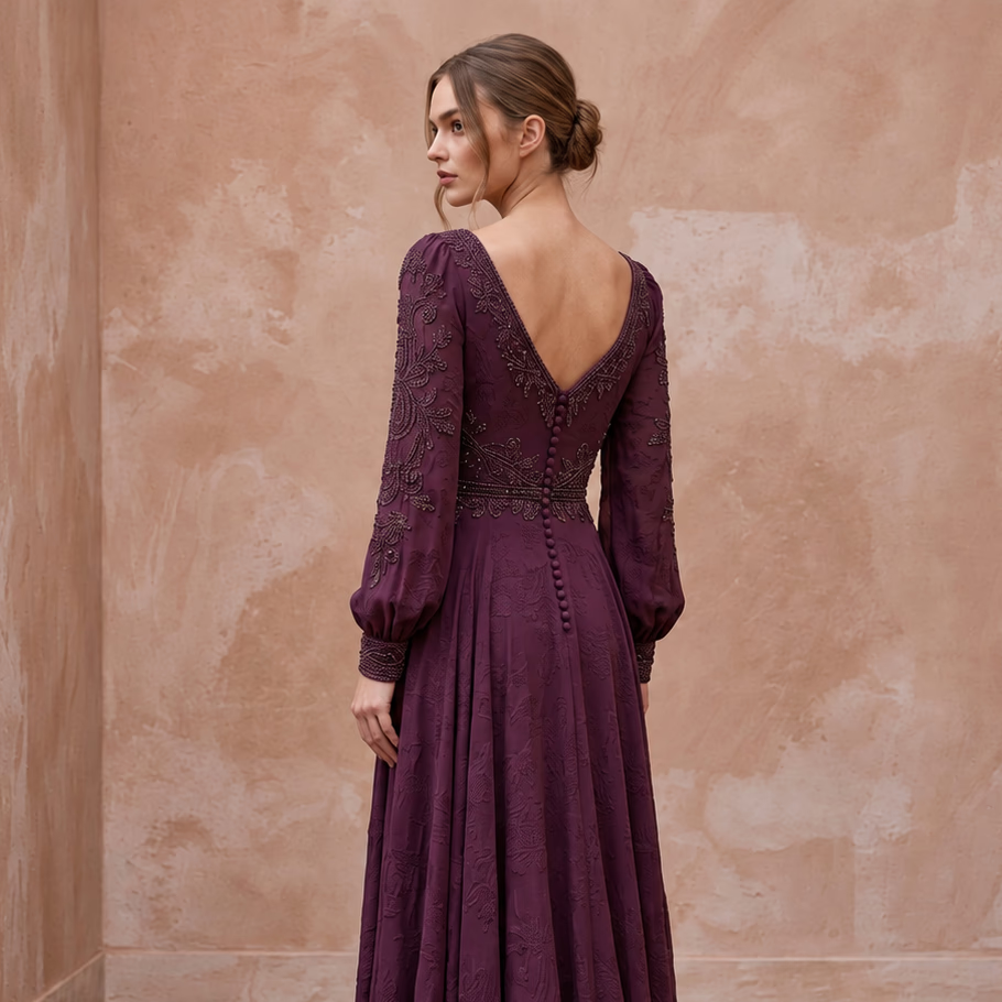 Modest Plum Purple Long Sleeve Chiffon Maxi Dress for Mother of the Bride - Apparel & Accessories > Clothing > Wedding & Bridal Party Dresses > Wedding Dresses - Mignonette Bridal