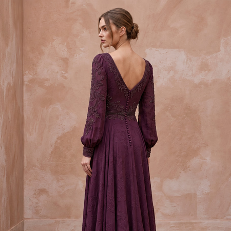 Modest Plum Purple Long Sleeve Chiffon Maxi Dress for Mother of the Bride - Apparel & Accessories > Clothing > Wedding & Bridal Party Dresses > Wedding Dresses - Mignonette Bridal