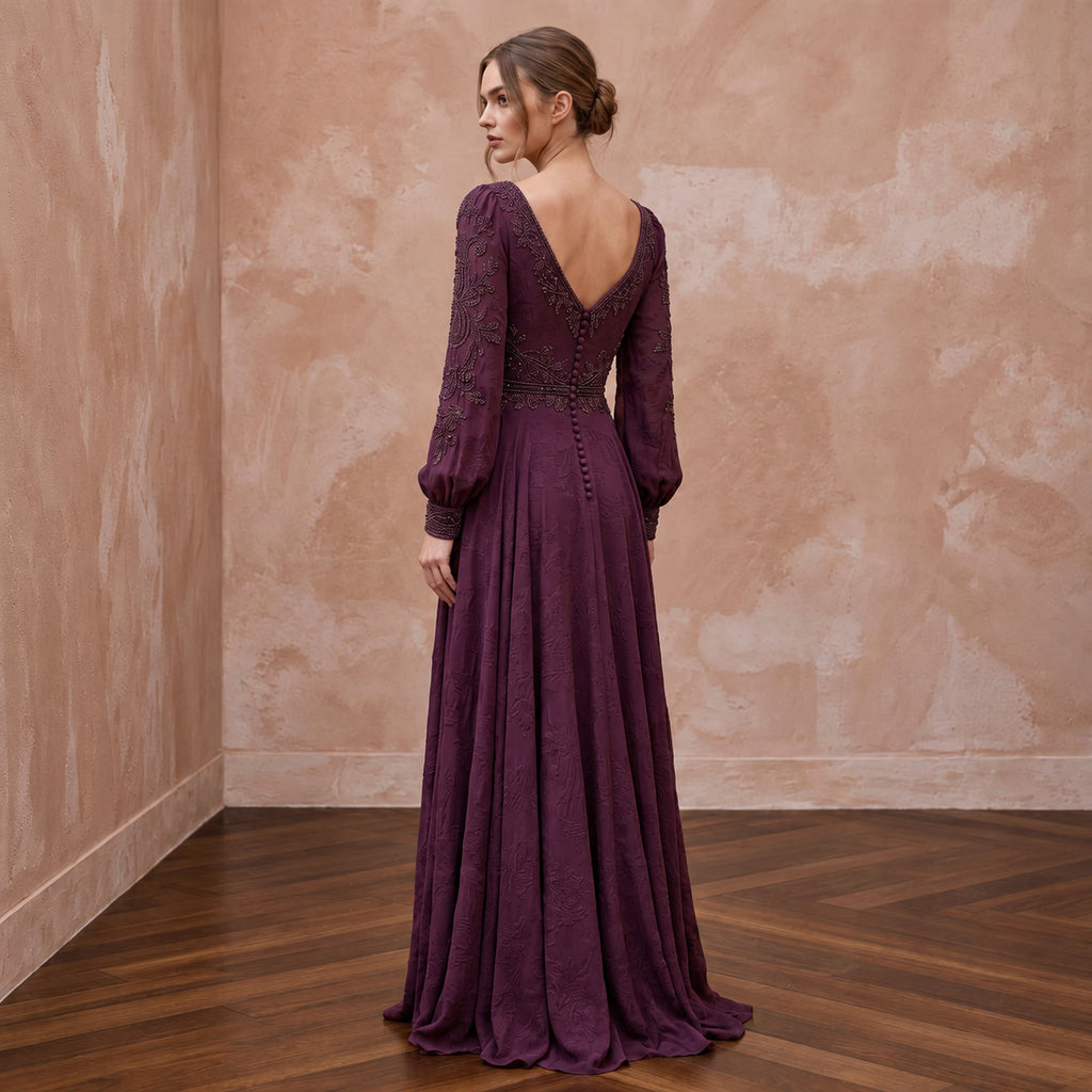 Modest Plum Purple Long Sleeve Chiffon Maxi Dress for Mother of the Bride - Apparel & Accessories > Clothing > Wedding & Bridal Party Dresses > Wedding Dresses - Mignonette Bridal