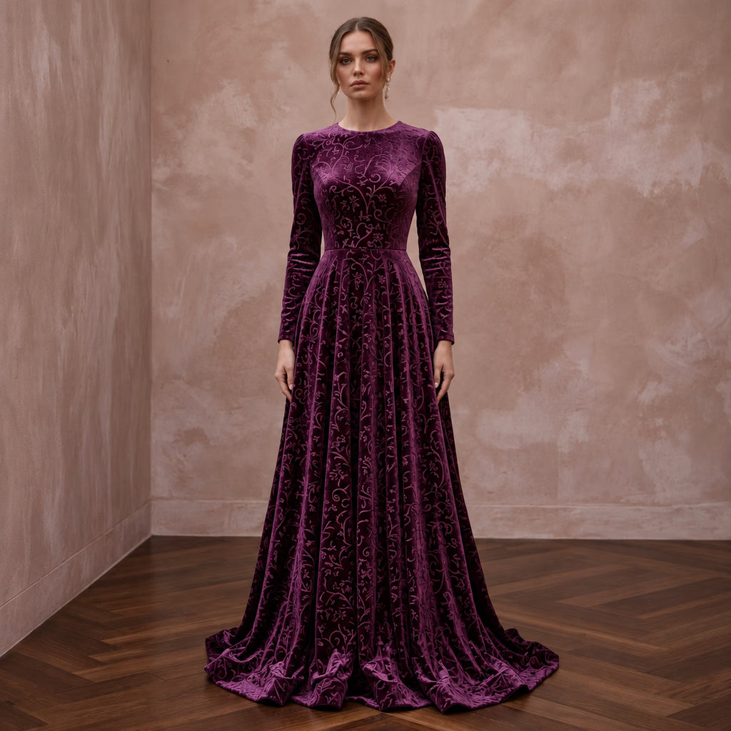 Modest Plum Purple Velvet Long Sleeve A - Line Evening Gown - Apparel & Accessories > Clothing > Wedding & Bridal Party Dresses > Wedding Dresses - Mignonette Bridal