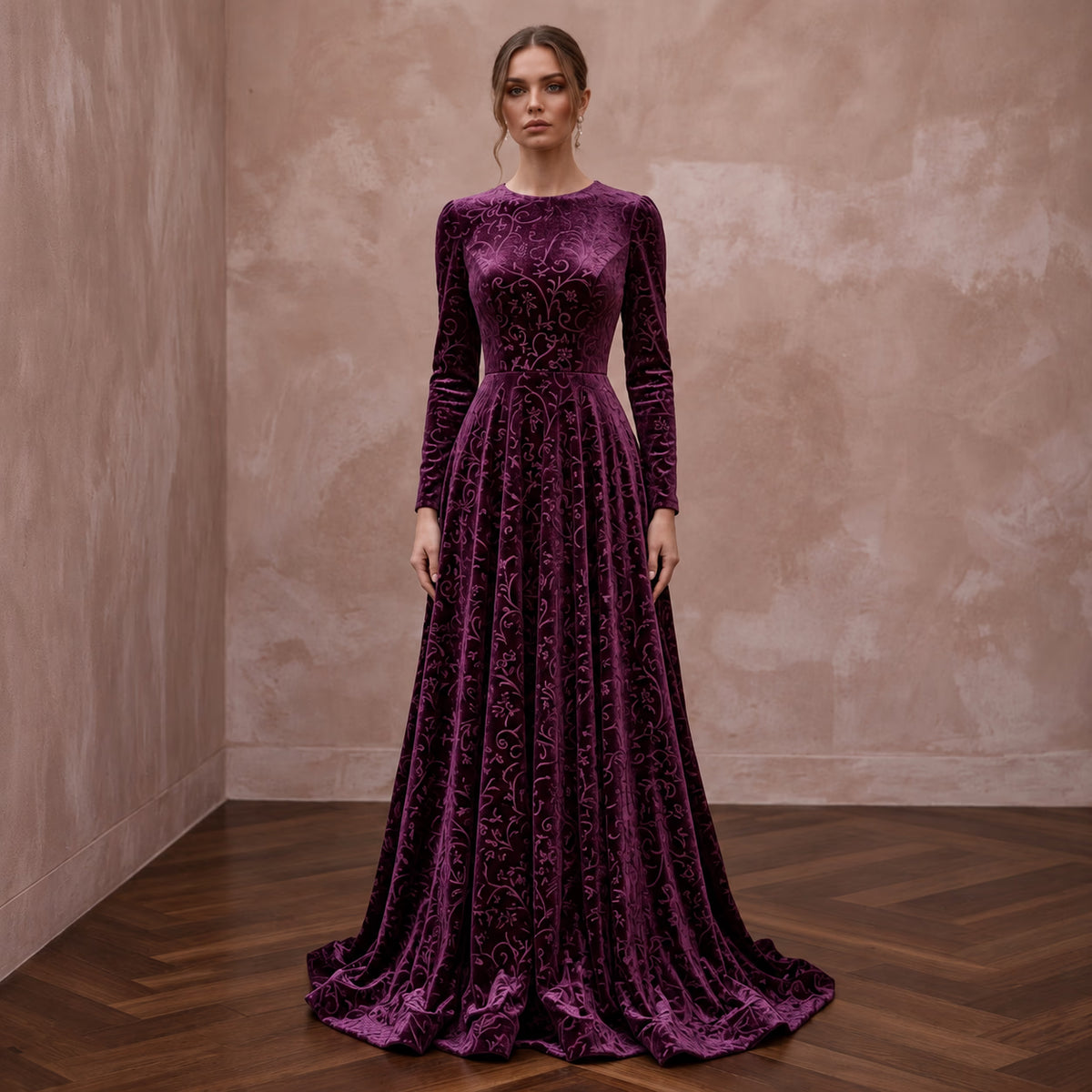 Modest Plum Purple Velvet Long Sleeve A - Line Evening Gown - Apparel & Accessories > Clothing > Wedding & Bridal Party Dresses > Wedding Dresses - Mignonette Bridal