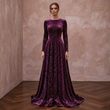 Modest Plum Purple Velvet Long Sleeve A - Line Evening Gown - Apparel & Accessories > Clothing > Wedding & Bridal Party Dresses > Wedding Dresses - Mignonette Bridal