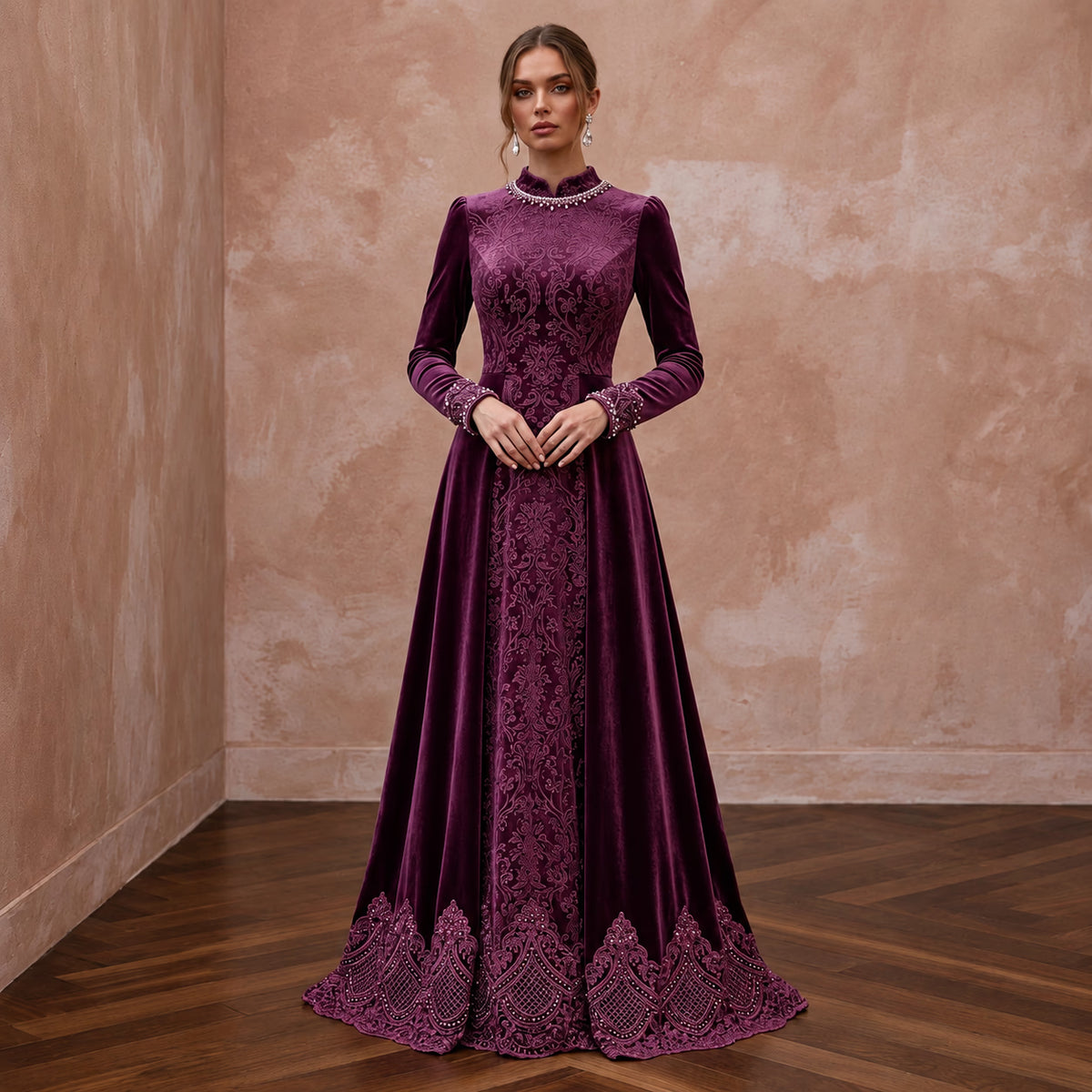 Modest plum purple velvet long sleeve A-line evening gown with intricate lace detailing at hem and cuffs. Main image