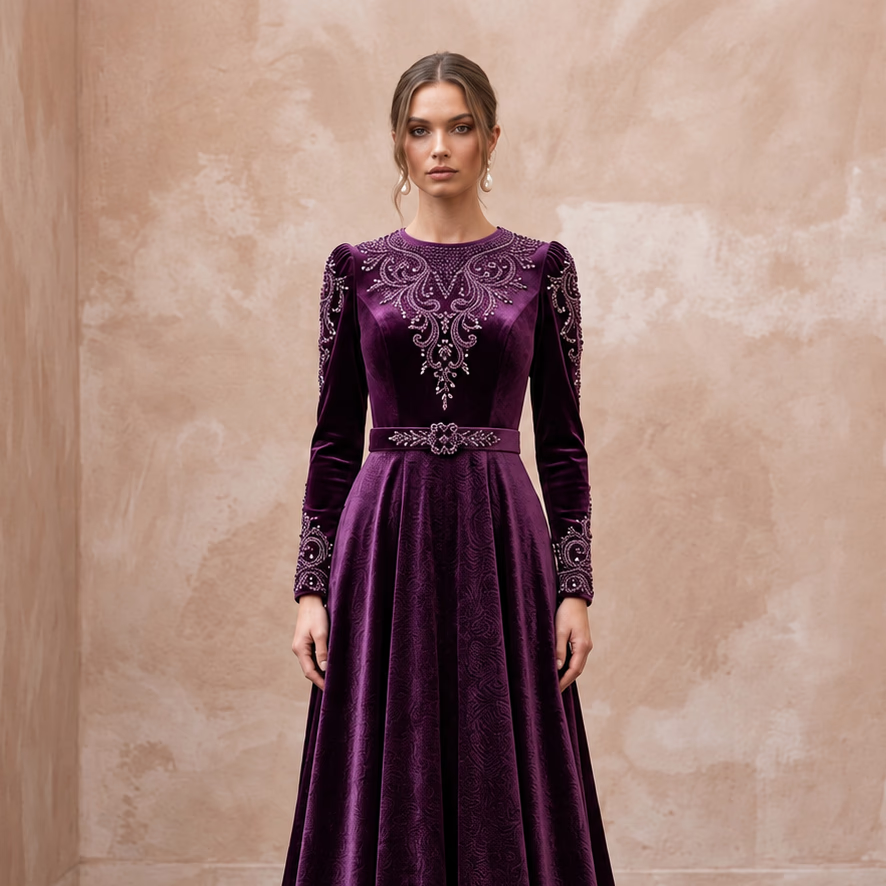 Modest Plum Purple Velvet Long Sleeve A-Line Evening Gown