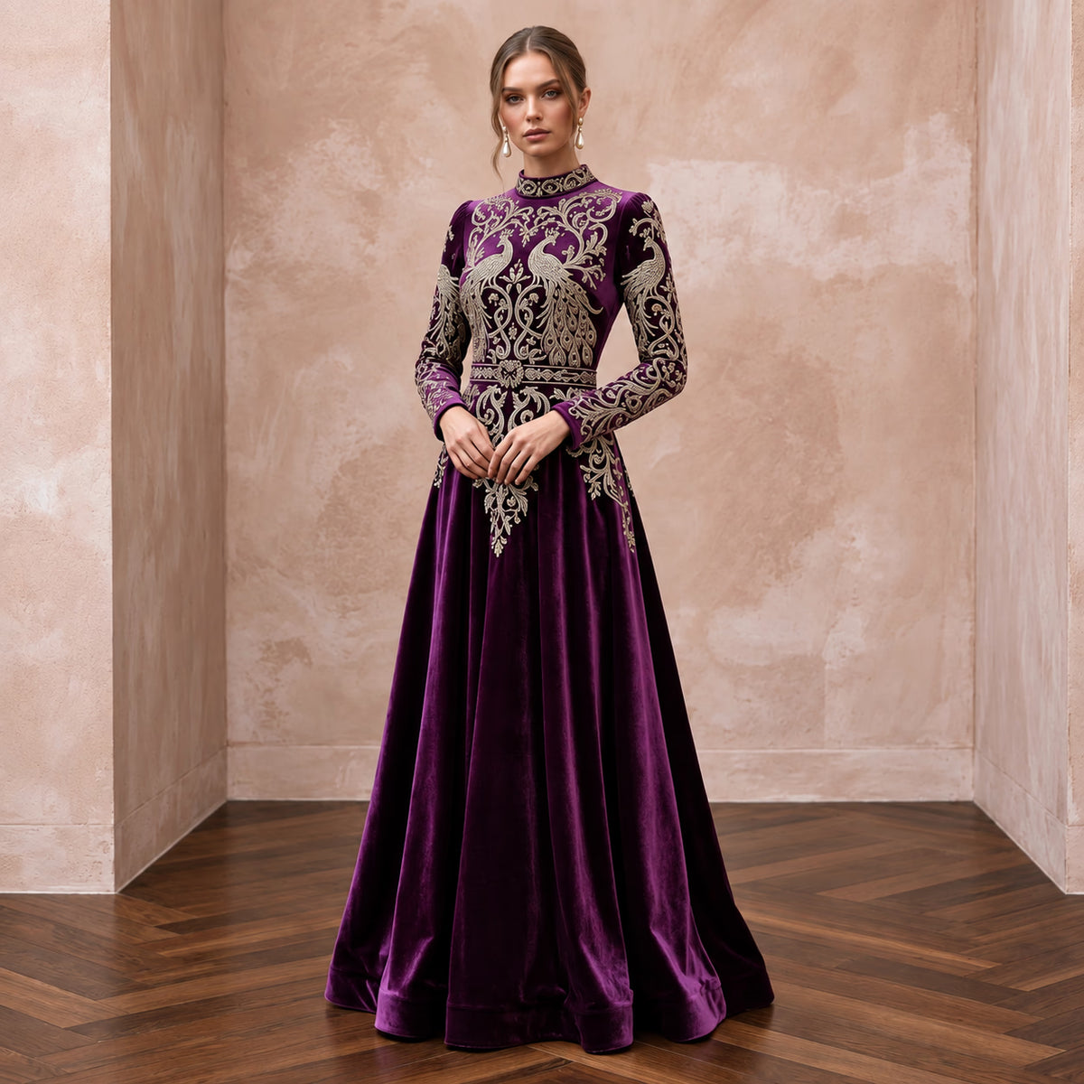 Modest Plum Purple Velvet Long Sleeve A-Line Evening Gown