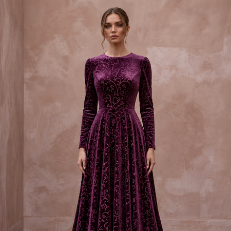 Modest Plum Purple Velvet Long Sleeve A - Line Evening Gown - Apparel & Accessories > Clothing > Wedding & Bridal Party Dresses > Wedding Dresses - Mignonette Bridal