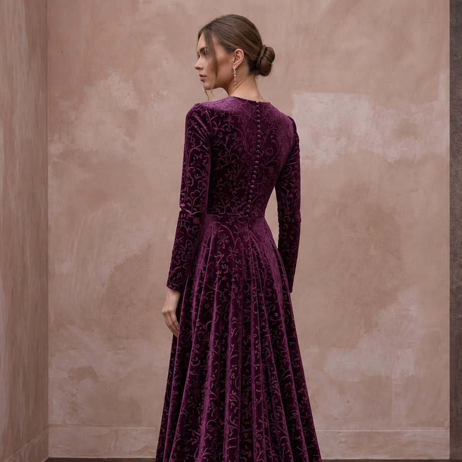Modest Plum Purple Velvet Long Sleeve A - Line Evening Gown - Apparel & Accessories > Clothing > Wedding & Bridal Party Dresses > Wedding Dresses - Mignonette Bridal