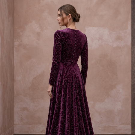 Modest Plum Purple Velvet Long Sleeve A - Line Evening Gown - Apparel & Accessories > Clothing > Wedding & Bridal Party Dresses > Wedding Dresses - Mignonette Bridal