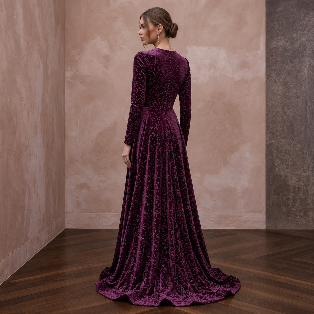 Modest Plum Purple Velvet Long Sleeve A - Line Evening Gown - Apparel & Accessories > Clothing > Wedding & Bridal Party Dresses > Wedding Dresses - Mignonette Bridal