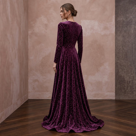 Modest Plum Purple Velvet Long Sleeve A - Line Evening Gown - Apparel & Accessories > Clothing > Wedding & Bridal Party Dresses > Wedding Dresses - Mignonette Bridal