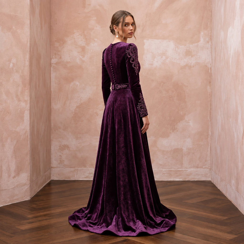 Modest Plum Purple Velvet Long Sleeve A-Line Evening Gown