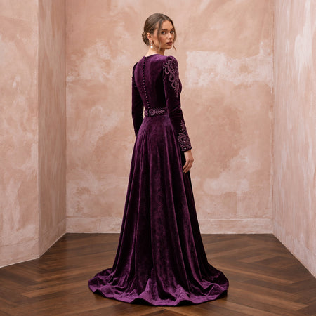 Modest Plum Purple Velvet Long Sleeve A-Line Evening Gown