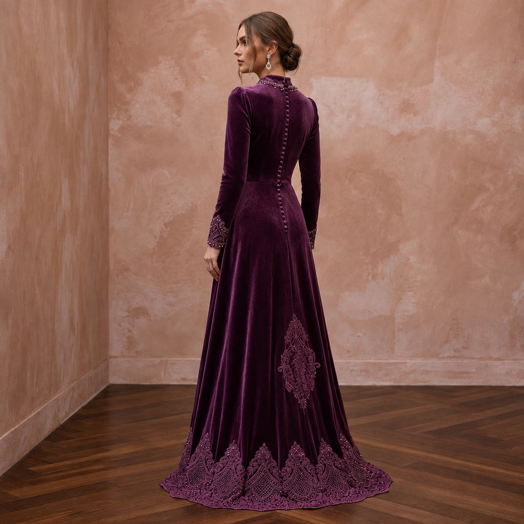 Elegant plum purple velvet A-line evening gown with long sleeves and intricate lace detailing. Perfect for formal occasions.