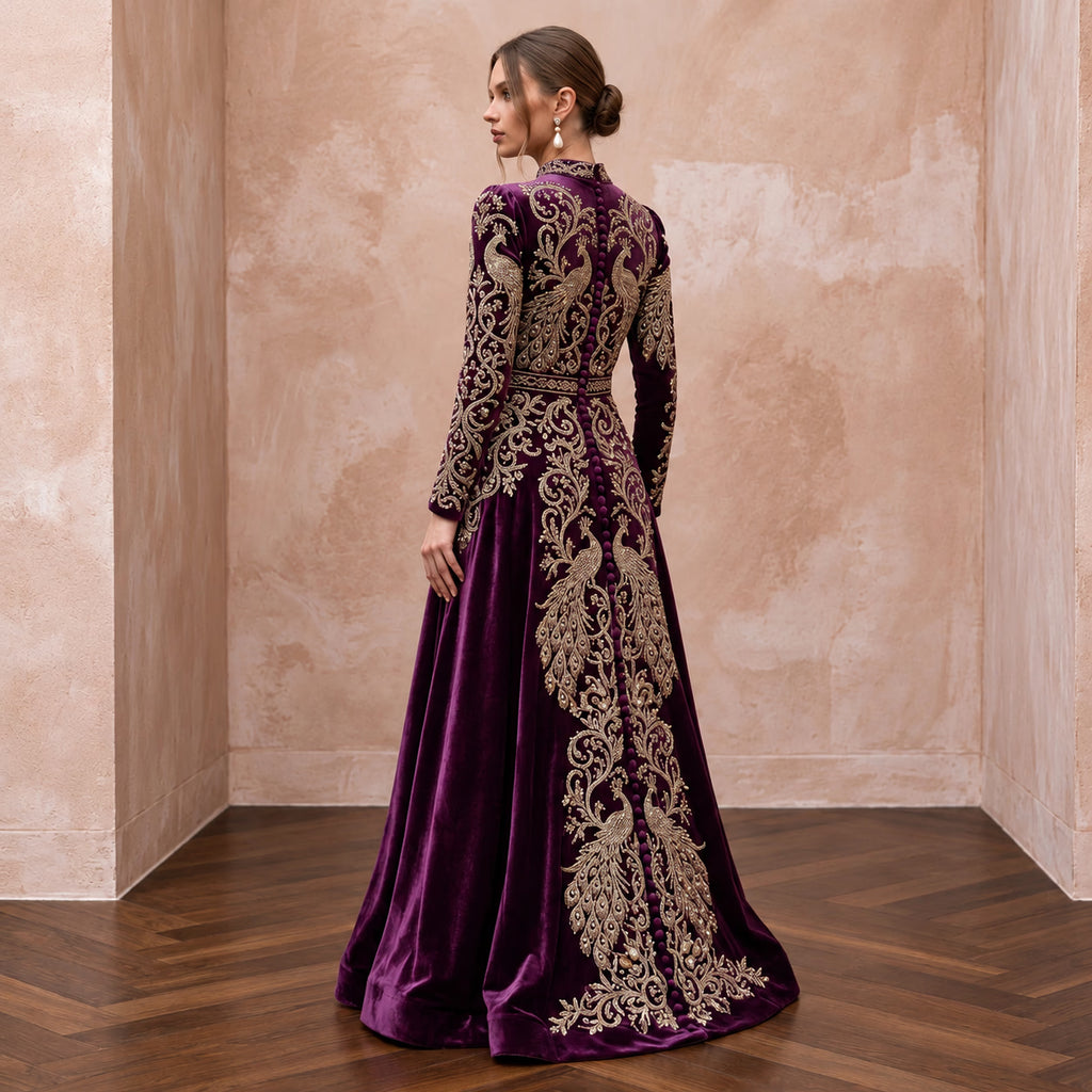 Modest Plum Purple Velvet Long Sleeve A-Line Evening Gown