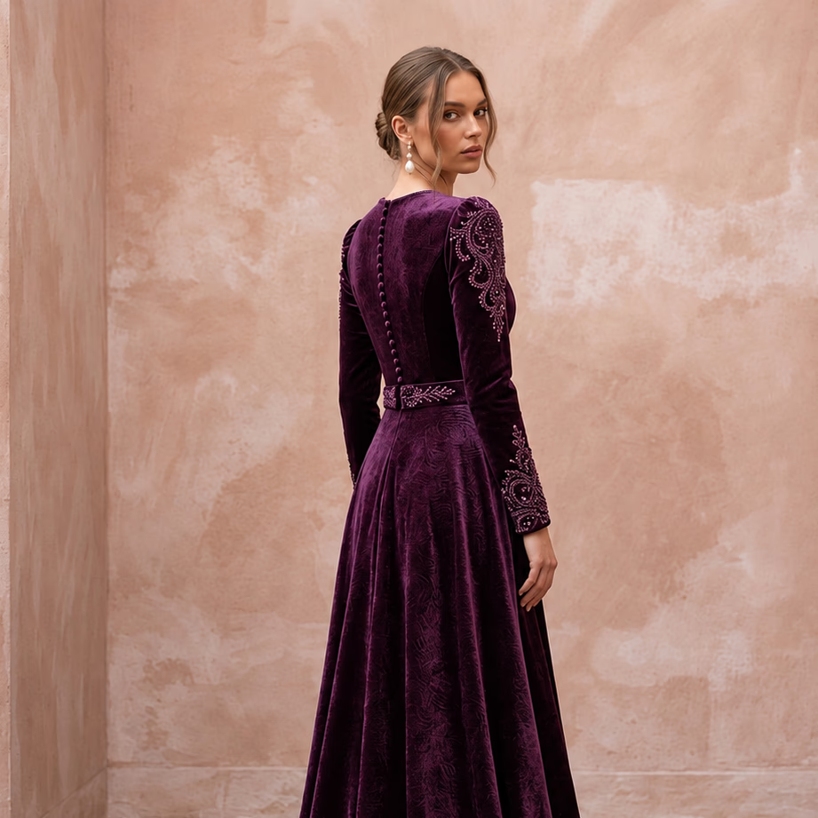 Modest Plum Purple Velvet Long Sleeve A-Line Evening Gown