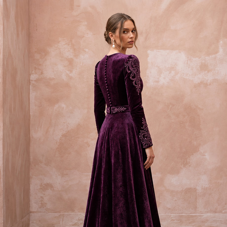 Modest Plum Purple Velvet Long Sleeve A-Line Evening Gown