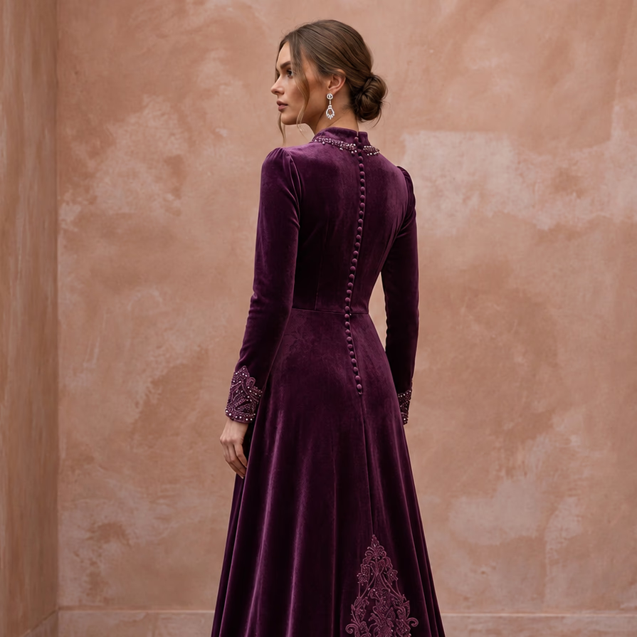 Modest plum purple velvet long sleeve A-line evening gown with elegant button detail and intricate embroidery.