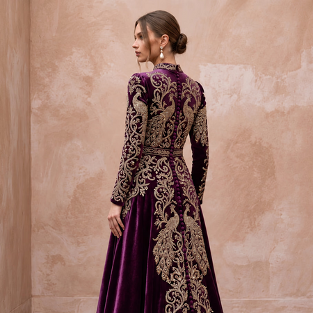Modest Plum Purple Velvet Long Sleeve A-Line Evening Gown