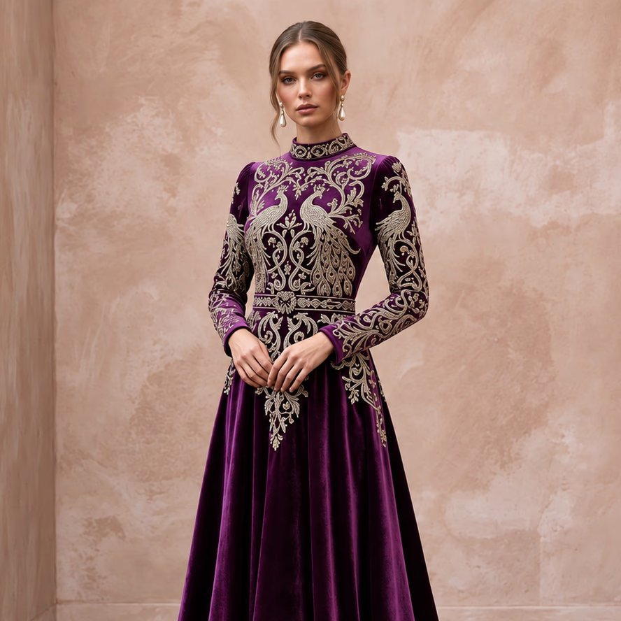 Modest Plum Purple Velvet Long Sleeve A-Line Evening Gown
