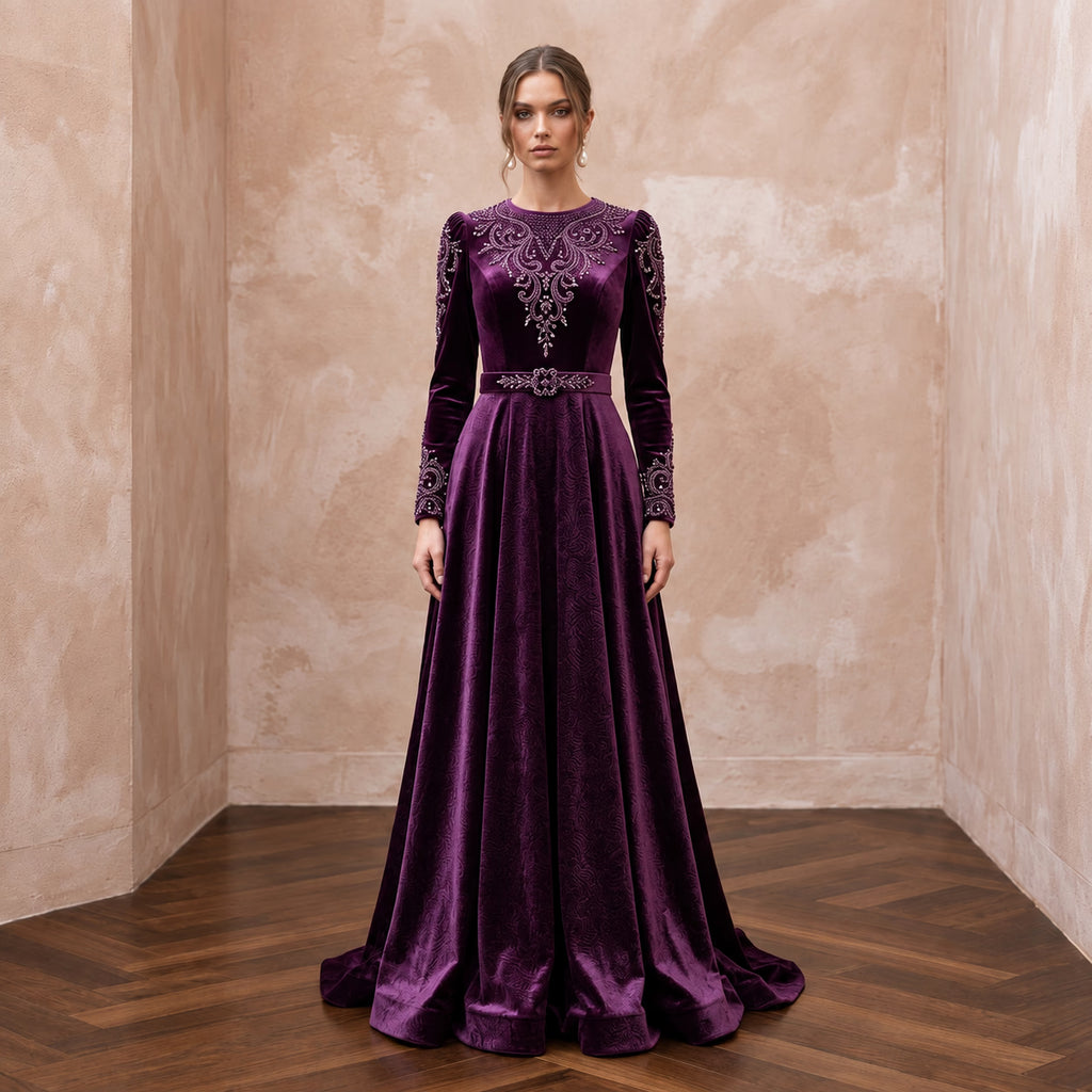 Modest Plum Purple Velvet Long Sleeve A-Line Evening Gown