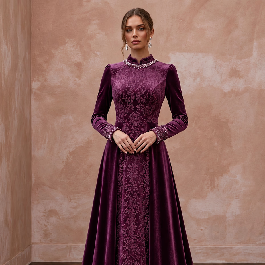 Modest plum purple velvet long sleeve A-line evening gown with elegant detailing and a classic silhouette.