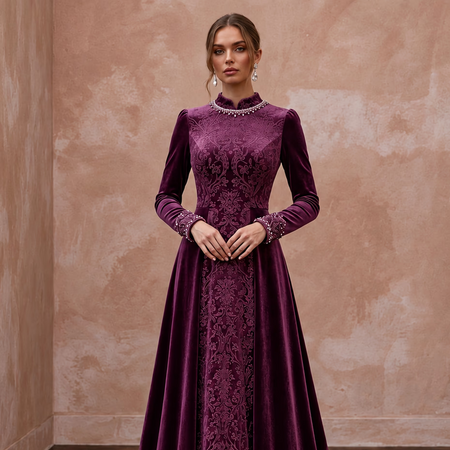 Modest plum purple velvet long sleeve A-line evening gown with elegant detailing and a classic silhouette.