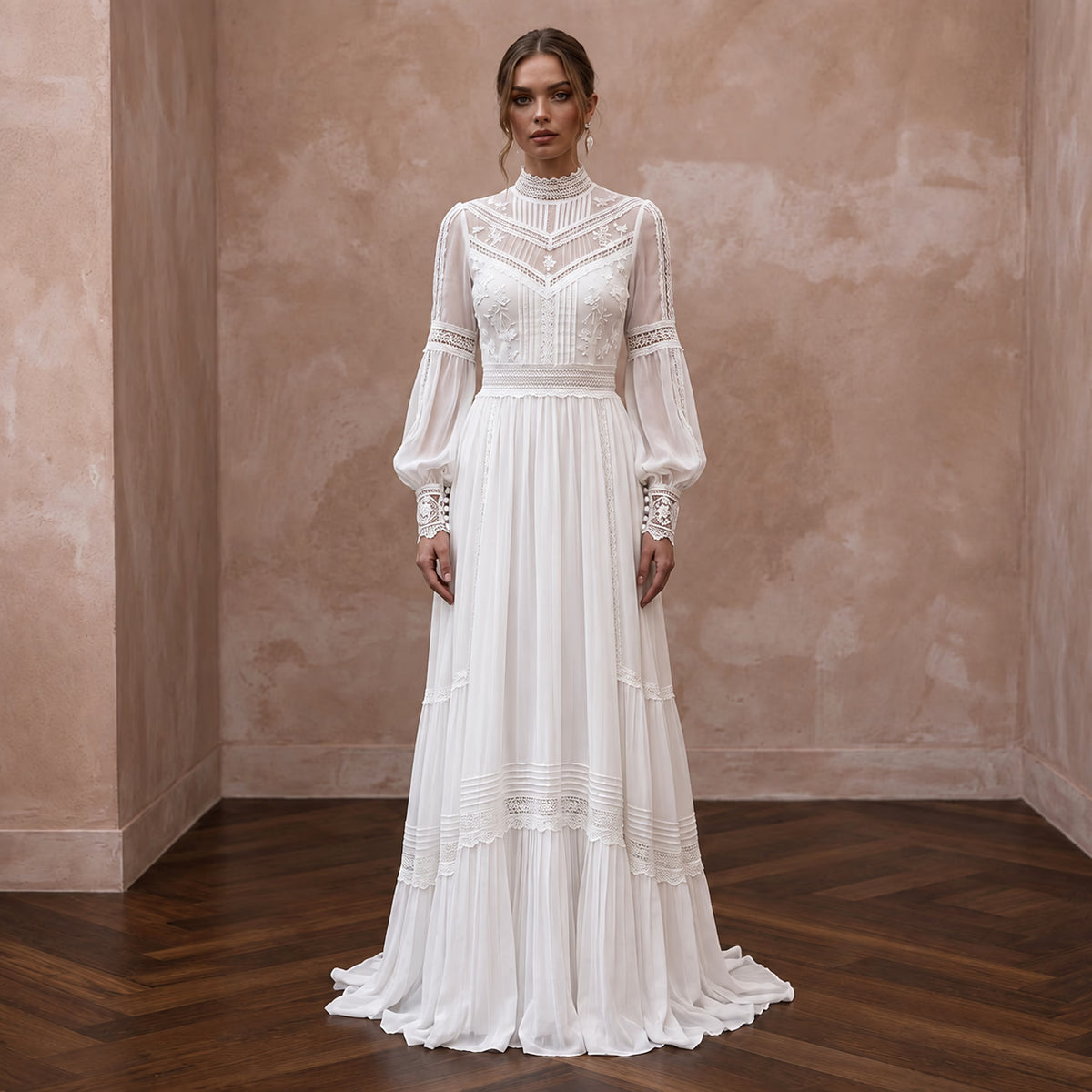 Modest Pure White Chiffon Long Sleeve High Neck Elopement Maxi Dress