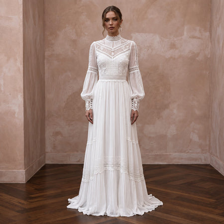 Modest Pure White Chiffon Long Sleeve High Neck Elopement Maxi Dress