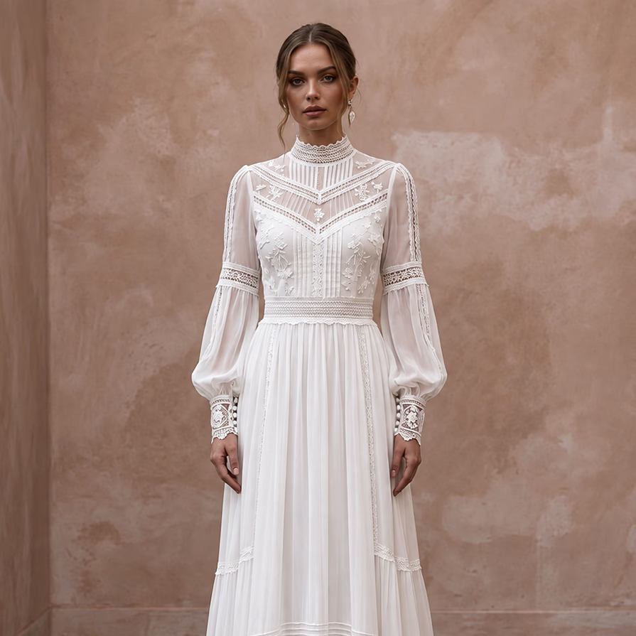 Modest Pure White Chiffon Long Sleeve High Neck Elopement Maxi Dress