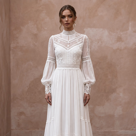 Modest Pure White Chiffon Long Sleeve High Neck Elopement Maxi Dress