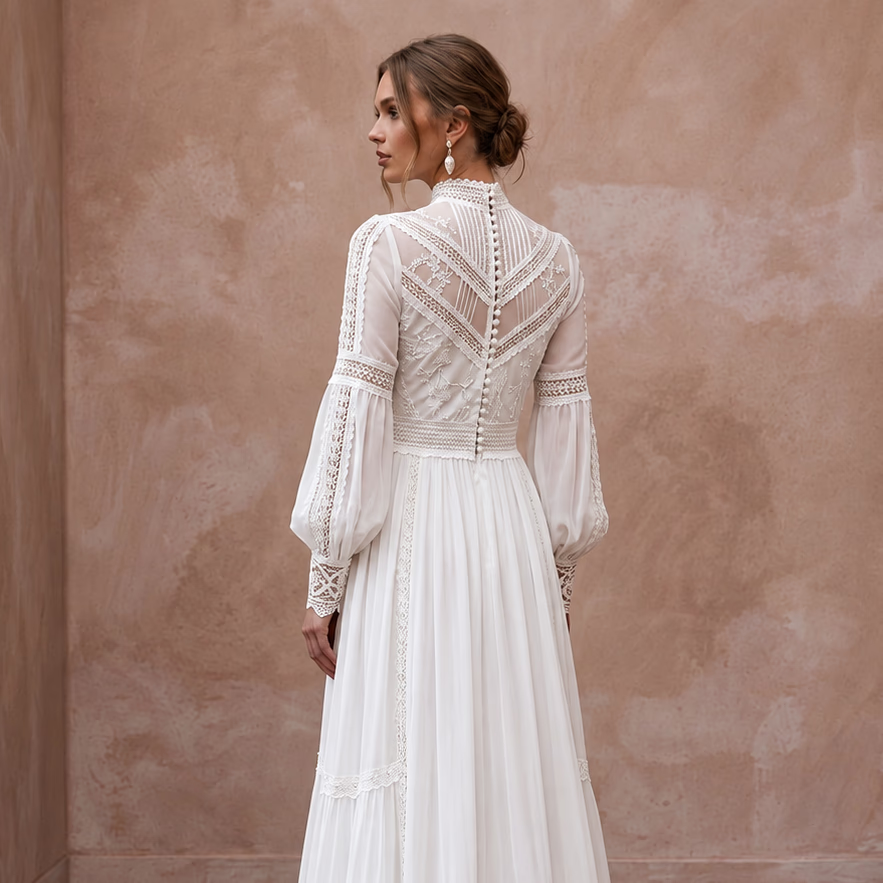 Modest Pure White Chiffon Long Sleeve High Neck Elopement Maxi Dress