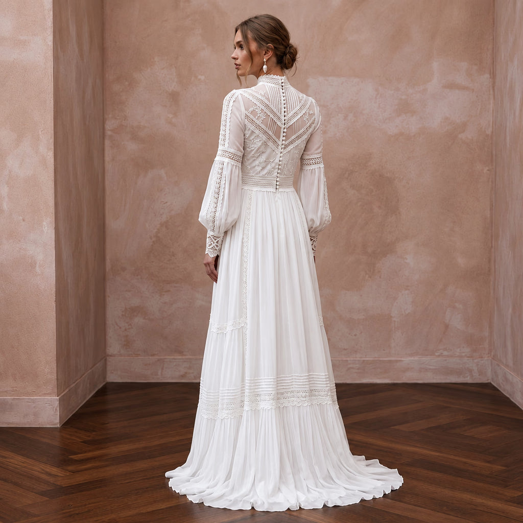 Modest Pure White Chiffon Long Sleeve High Neck Elopement Maxi Dress