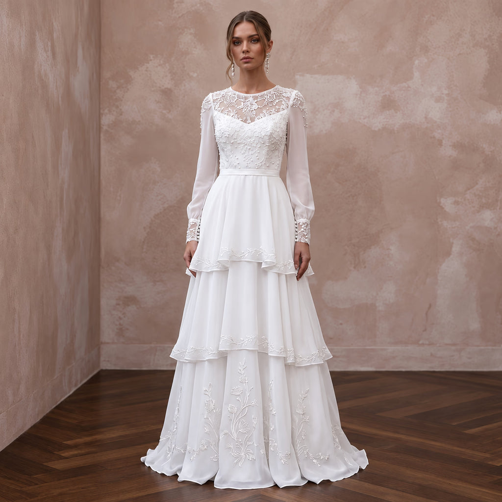 Modest Pure White Chiffon Tiered Skirt Long Sleeve Bridal Dress - Apparel & Accessories > Clothing > Wedding & Bridal Party Dresses > Wedding Dresses - Mignonette Bridal
