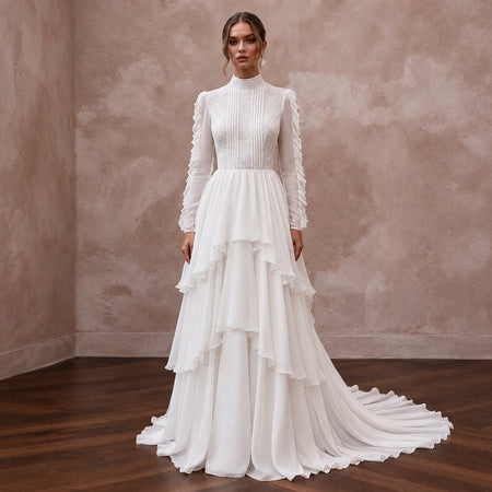 Modest Pure White Chiffon Tiered Skirt Long Sleeve Bridal Dress