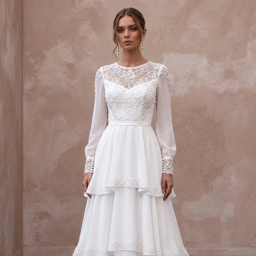 Modest Pure White Chiffon Tiered Skirt Long Sleeve Bridal Dress - Apparel & Accessories > Clothing > Wedding & Bridal Party Dresses > Wedding Dresses - Mignonette Bridal