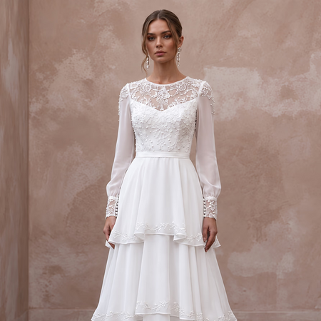 Modest Pure White Chiffon Tiered Skirt Long Sleeve Bridal Dress - Apparel & Accessories > Clothing > Wedding & Bridal Party Dresses > Wedding Dresses - Mignonette Bridal